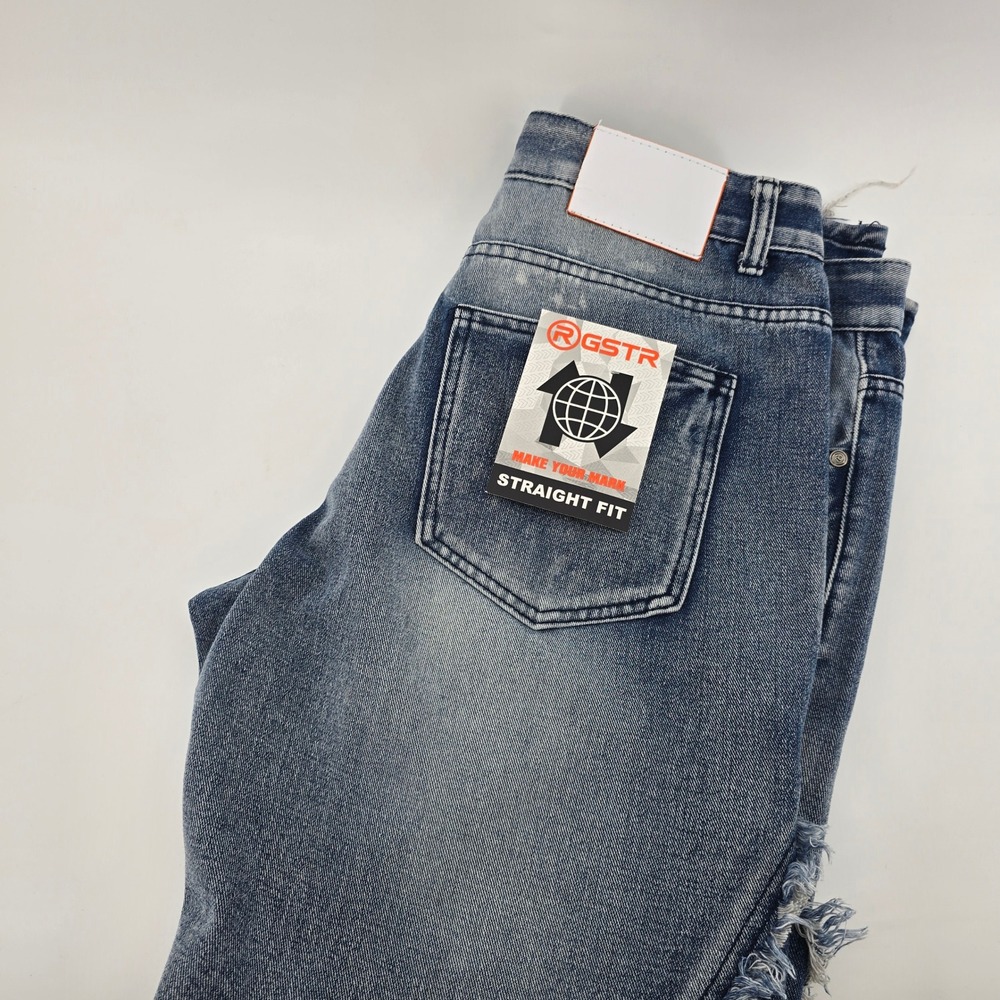 RGSTR Straight Fit Jeans Mens Distressed Shredded Medium Blue Sz 34 MSRP $72 NWT
